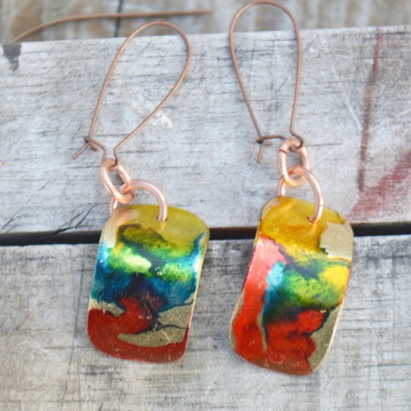 Colorful Rainbow Brass Long Drop Earrings Handmade Copper Dangle Rustic Gift - Picture 2 of 3